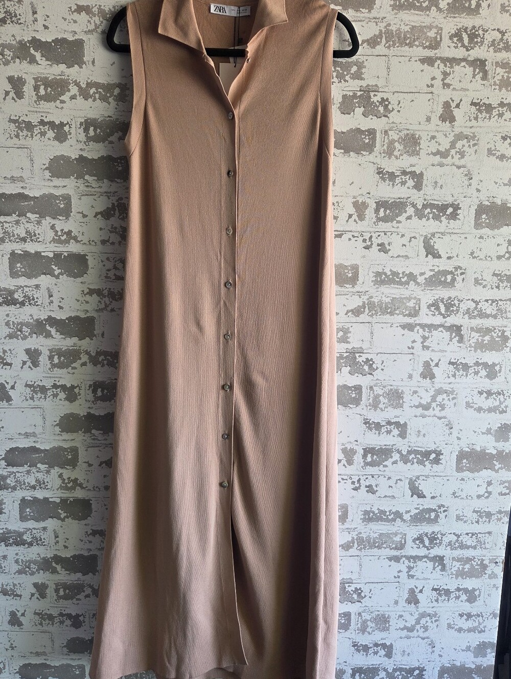 ZARA NWT Knit Long Shirt Dress Beige Sleeveless Button Front Midi Large